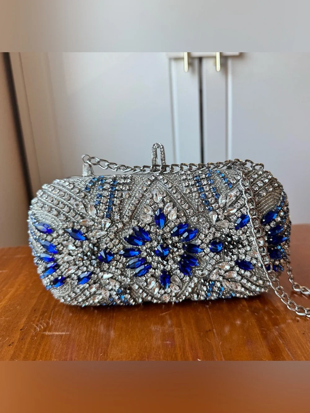 Nina - Silver Crystal Evening Clutch with Blue Gem Accents